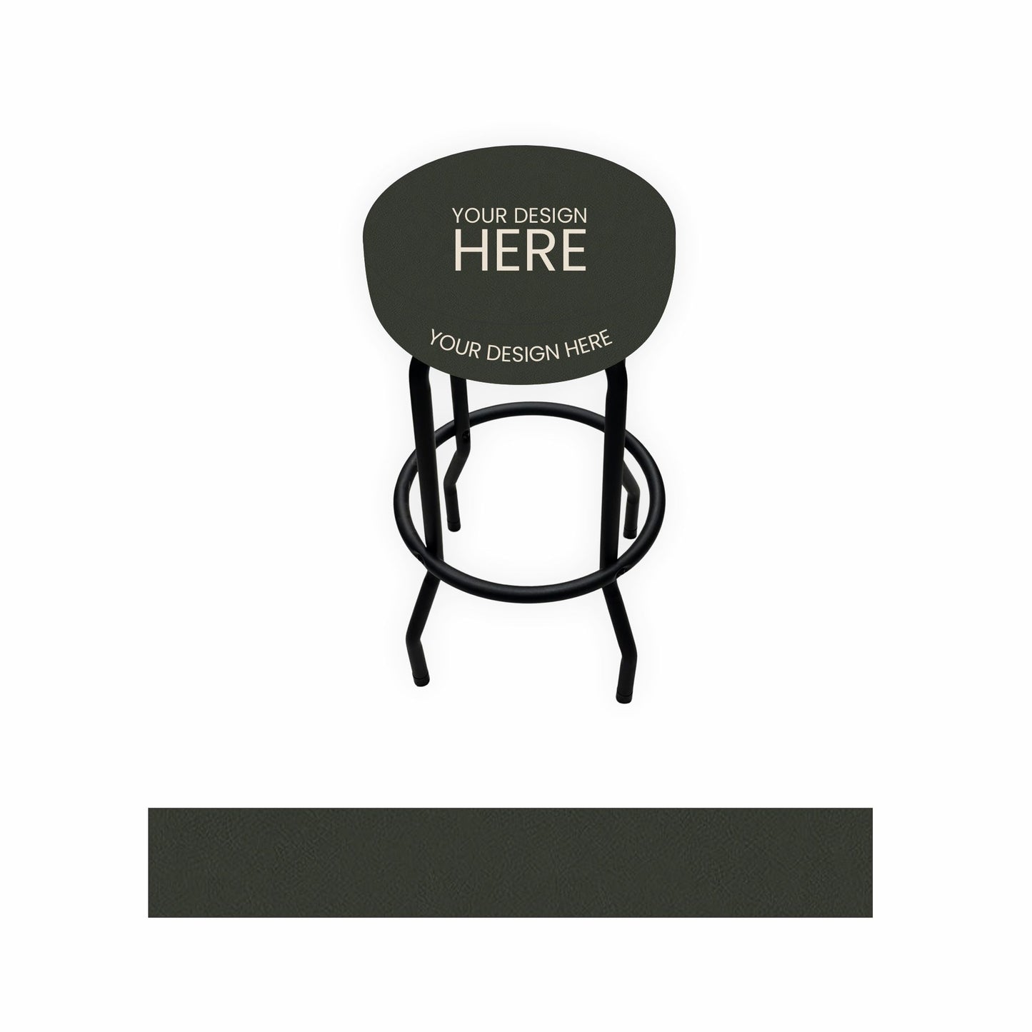 A gray bar stool with a round seat and metal footrest on a white background, with a dark charcoal color swatch shown below. The seat has placeholder text reading 'YOUR DESIGN HERE'.