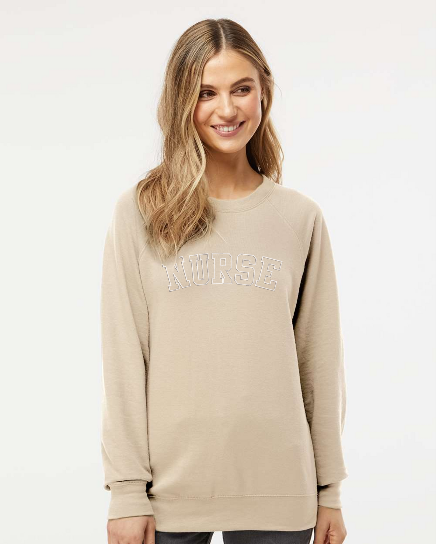 Sand - Stylish and Comfortable Embroidered Nurse Crewneck: Perfect for Healthcare Professionals Active