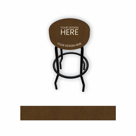 A black bar stool with a round upholstered seat and metal legs, shown on a white background with a matching black color swatch below. The seat has placeholder white text reading 'YOUR DESIGN HERE'.