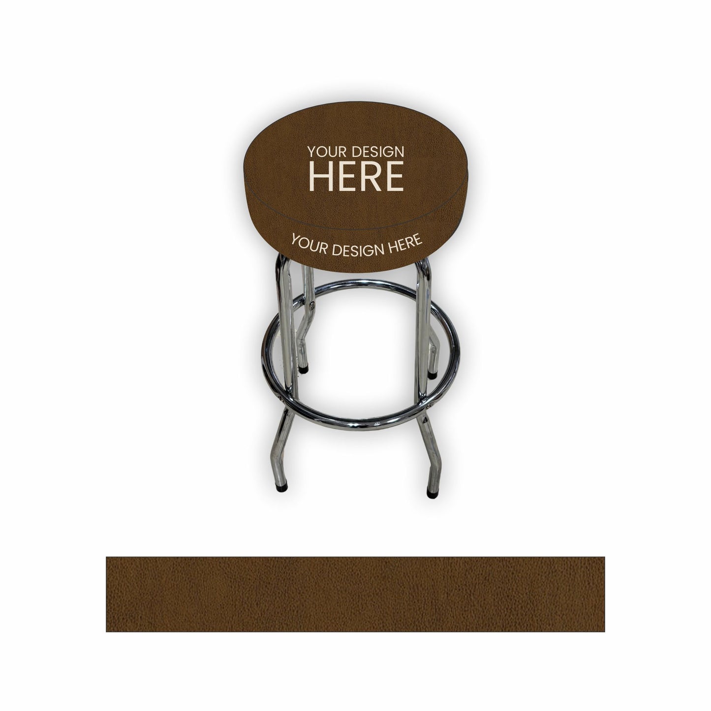 A customizable bar stool with a brown upholstered seat, shown on a white background with a matching brown fabric swatch below.