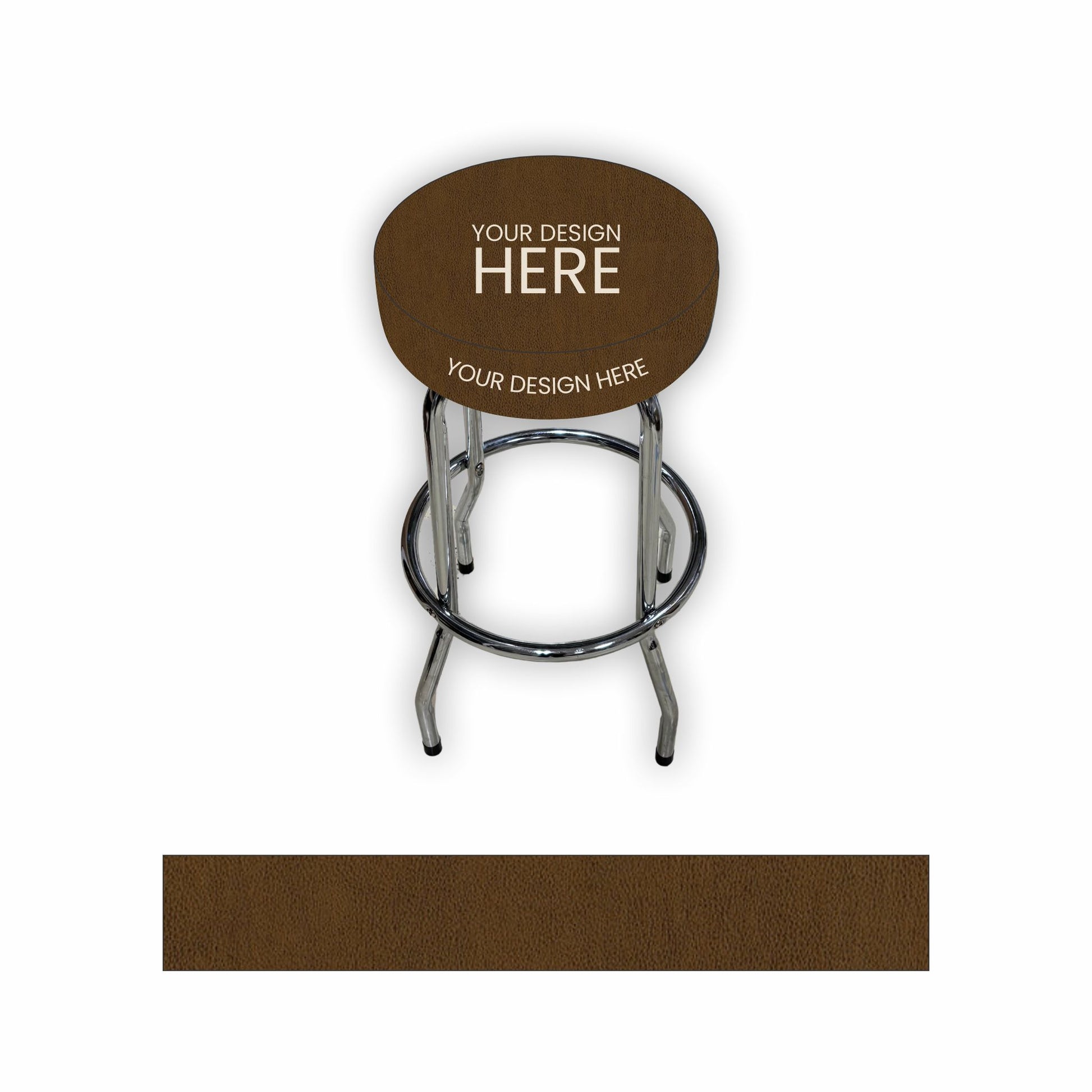 A customizable bar stool with a brown upholstered seat, shown on a white background with a matching brown fabric swatch below.