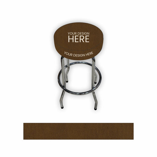 A customizable bar stool with a brown upholstered seat, shown on a white background with a matching brown fabric swatch below.