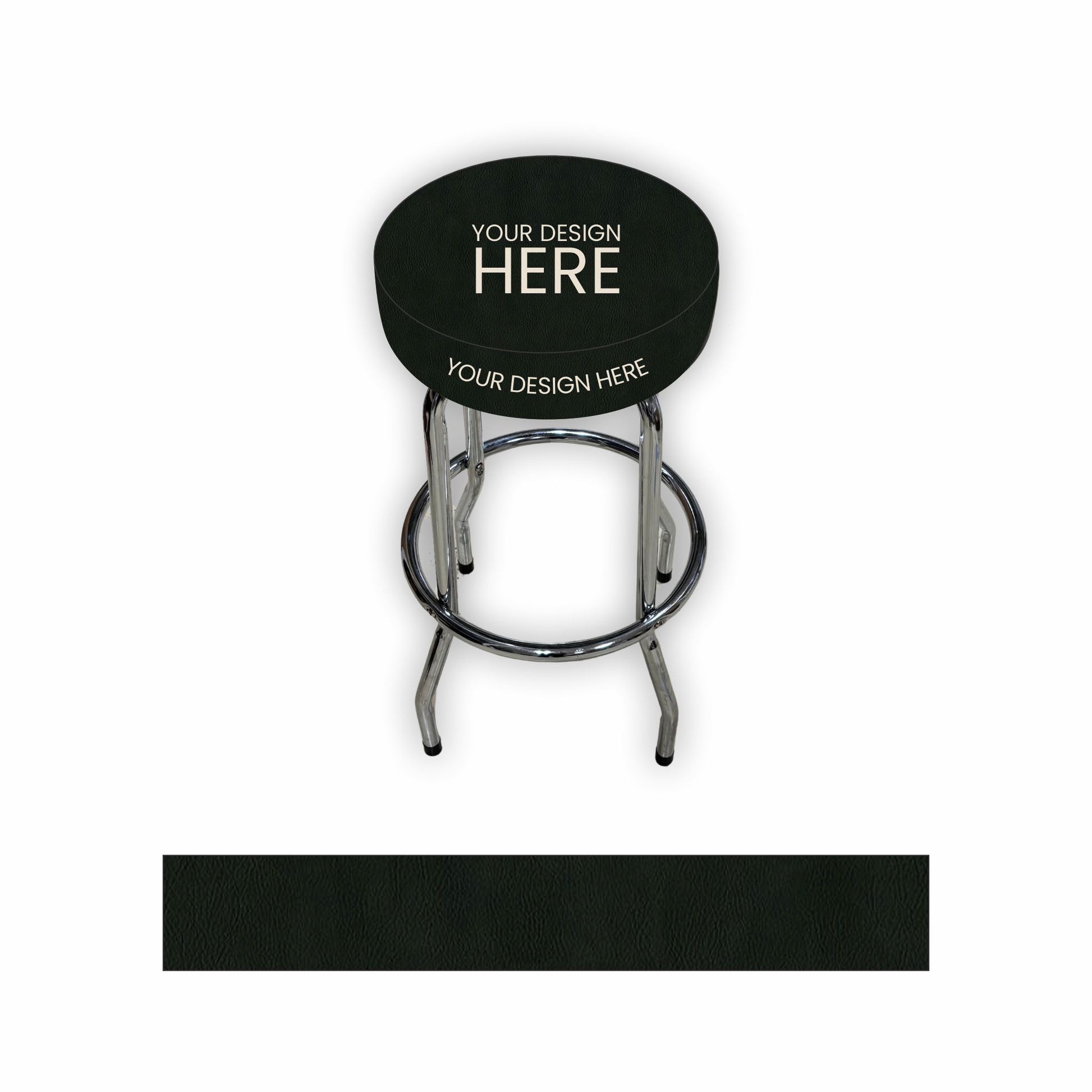 A customizable black bar stool with a chrome metal footrest and legs, featuring white placeholder text on the seat that reads 'YOUR DESIGN HERE'. A solid black fabric swatch is displayed below the stool on a plain white background.