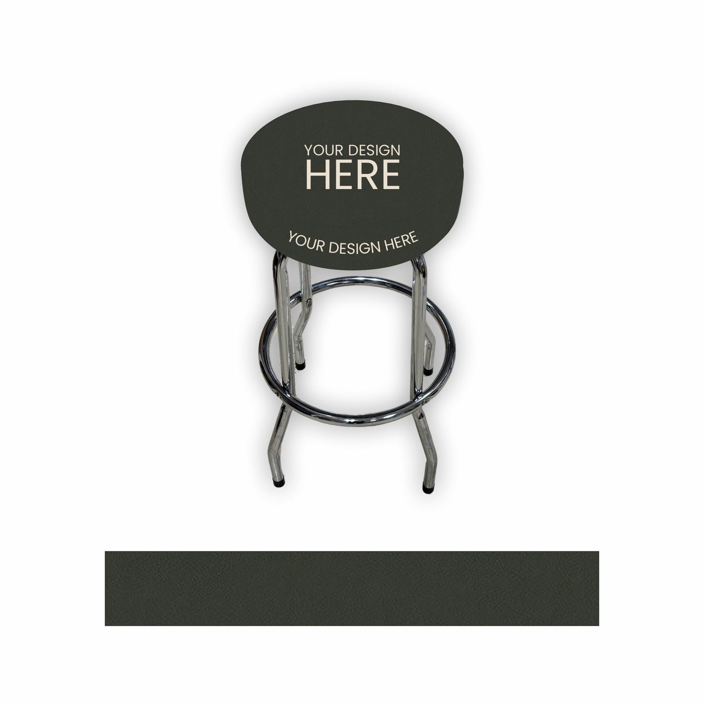 A gray bar stool with a chrome metal footrest and legs, featuring customizable white text on the seat. A solid color swatch of the dark gray seat is shown below the stool on a white background.
