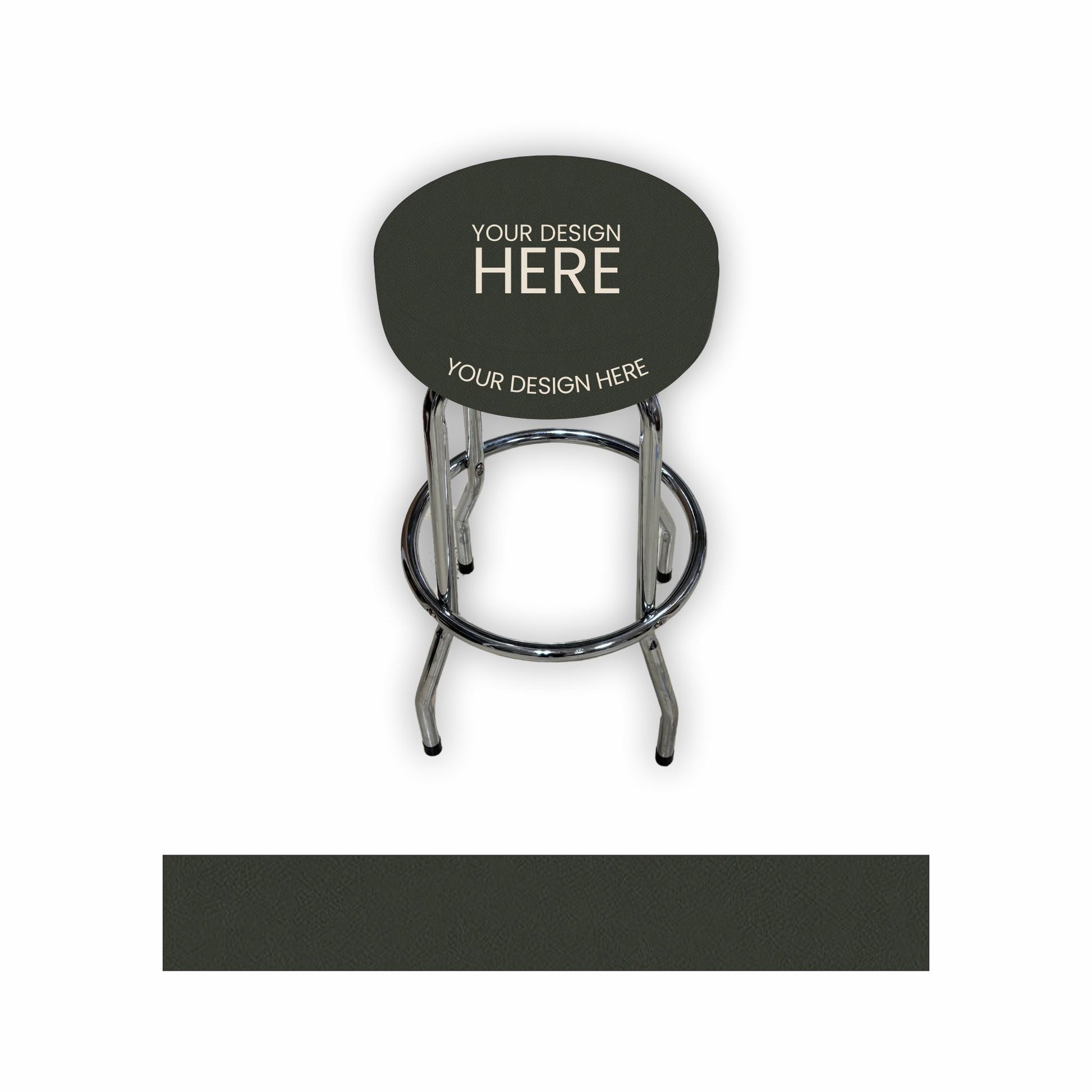 A gray bar stool with a chrome metal footrest and legs, featuring customizable white text on the seat. A solid color swatch of the dark gray seat is shown below the stool on a white background.