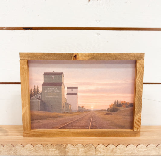 Framed Alberta Grain Elevator Sunset Art Print | Prairie Railway Wall Decor | Rustic Wood Frame