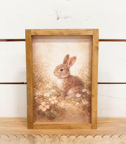 Framed Vintage Bunny Floral Art Print | Rustic Wood Frame | Cottage Nursery Wall Decor