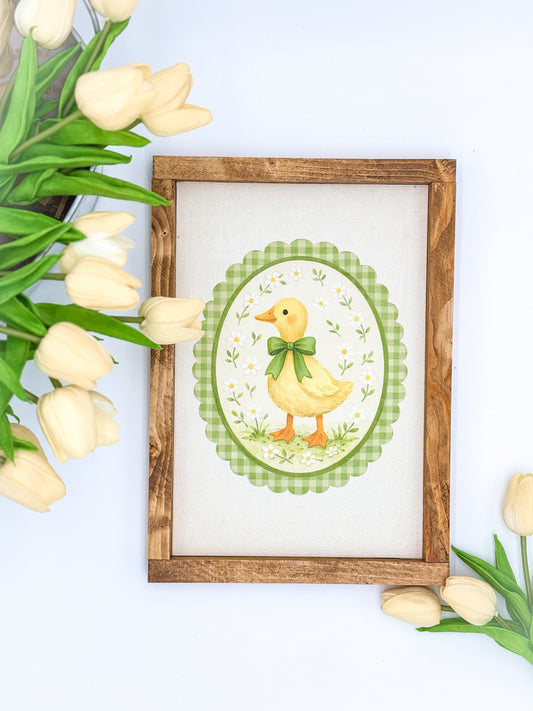 Vintage Duckling with Green Bow Framed Sign