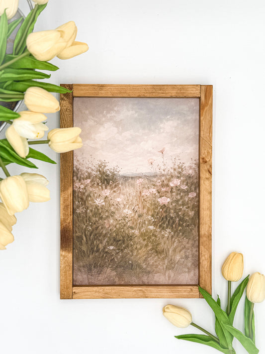 Framed Soft Wildflower Meadow Art Print | Rustic Wood Frame | Neutral Cottage Wall Decor