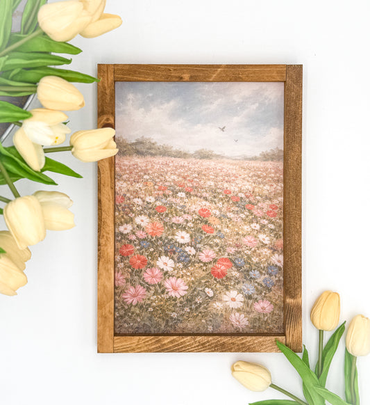 Framed Wildflower Meadow Art Print | Rustic Wood Frame | Cottage Inspired Wall Decor