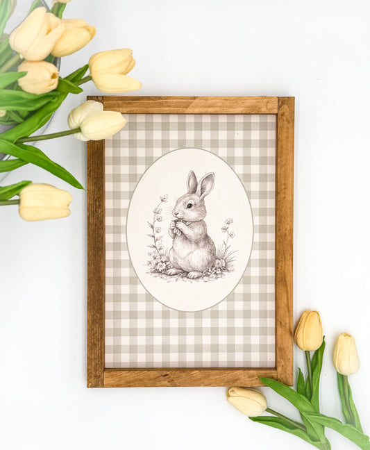 Framed Gingham Bunny Art Print | Neutral Cottage Nursery Wall Decor | Rustic Wood Frame