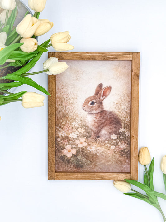 Framed Neutral Vintage Bunny Art Print | Rustic Wood Frame | Soft Cottage Nursery Decor