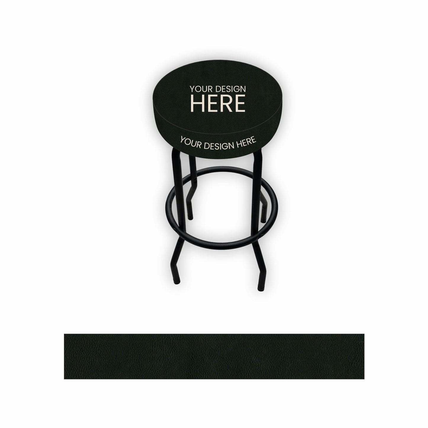 A black bar stool with a round upholstered seat and metal legs, shown on a white background with a matching black color swatch below. The seat has placeholder white text reading 'YOUR DESIGN HERE'.