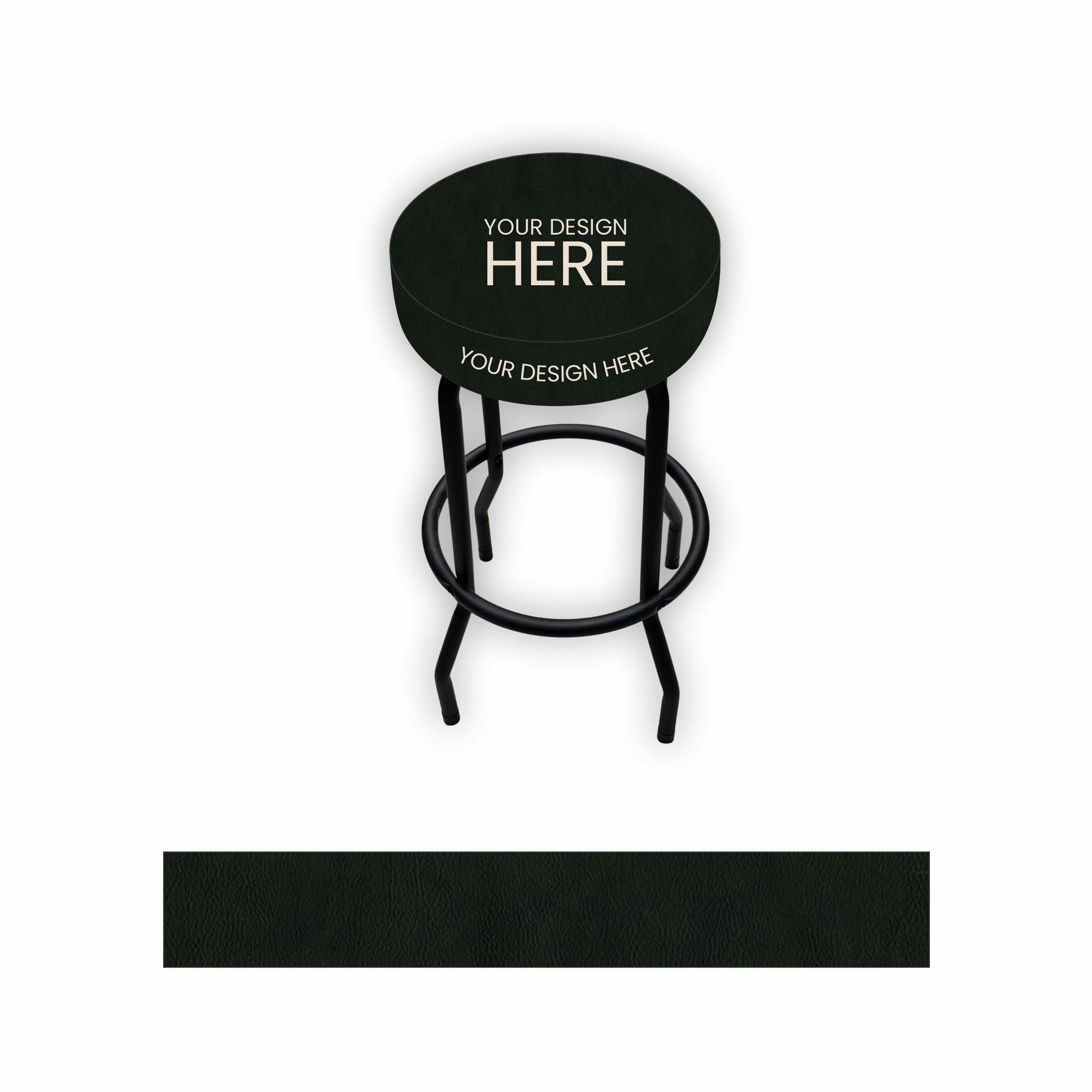 A black bar stool with a round upholstered seat and metal legs, shown on a white background with a matching black color swatch below. The seat has placeholder white text reading 'YOUR DESIGN HERE'.