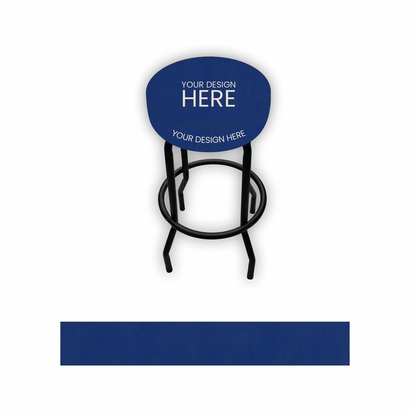 A bar stool with a dark blue oval seat cushion and a black metal frame, shown on a white background with a matching blue color swatch below. The seat cushion has placeholder white text reading 'YOUR DESIGN HERE'.