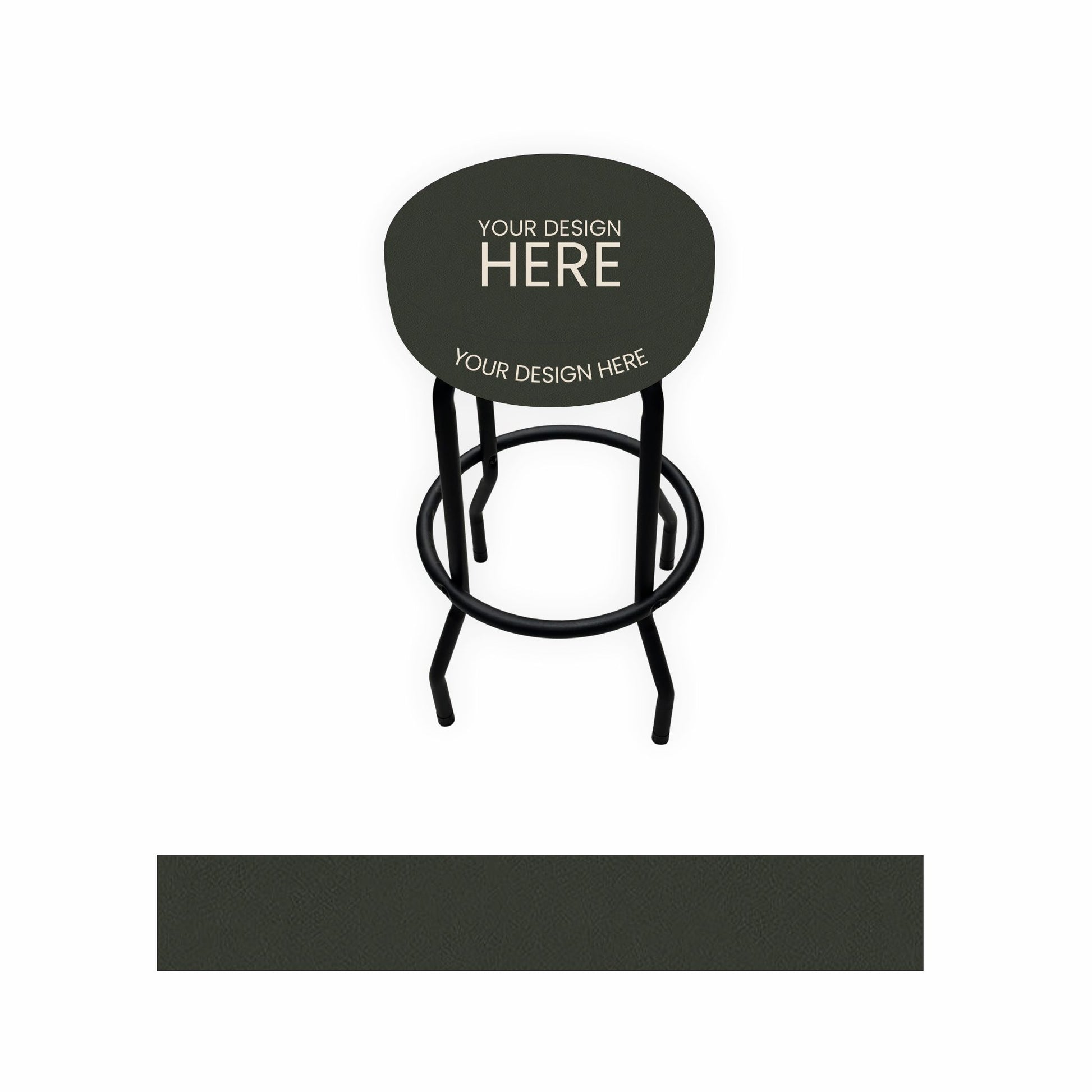 A gray bar stool with a round seat and metal footrest on a white background, with a dark charcoal color swatch shown below. The seat has placeholder text reading 'YOUR DESIGN HERE'.