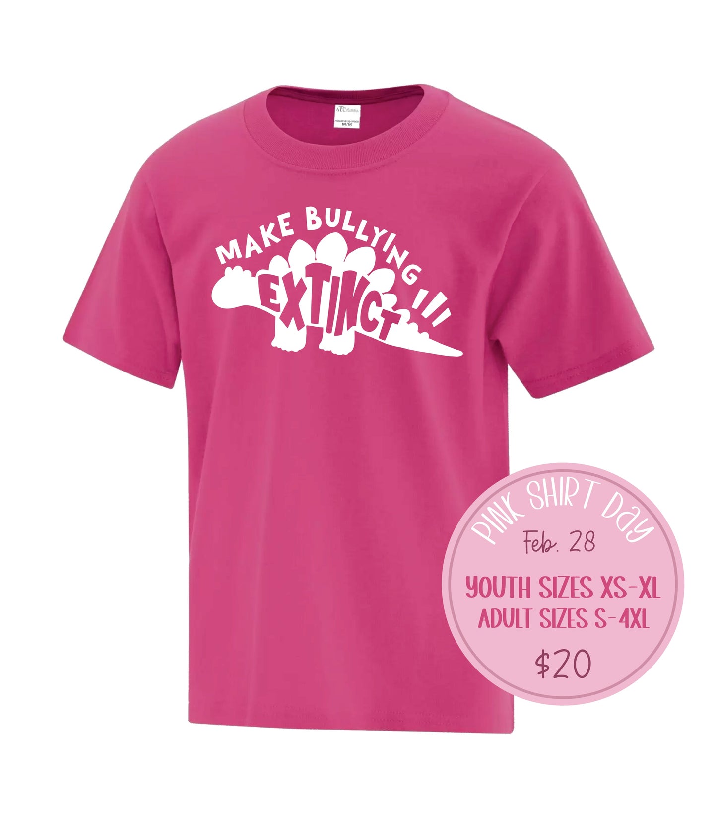 Make Bullying Extinct Youth Unisex Pink Shirt Day